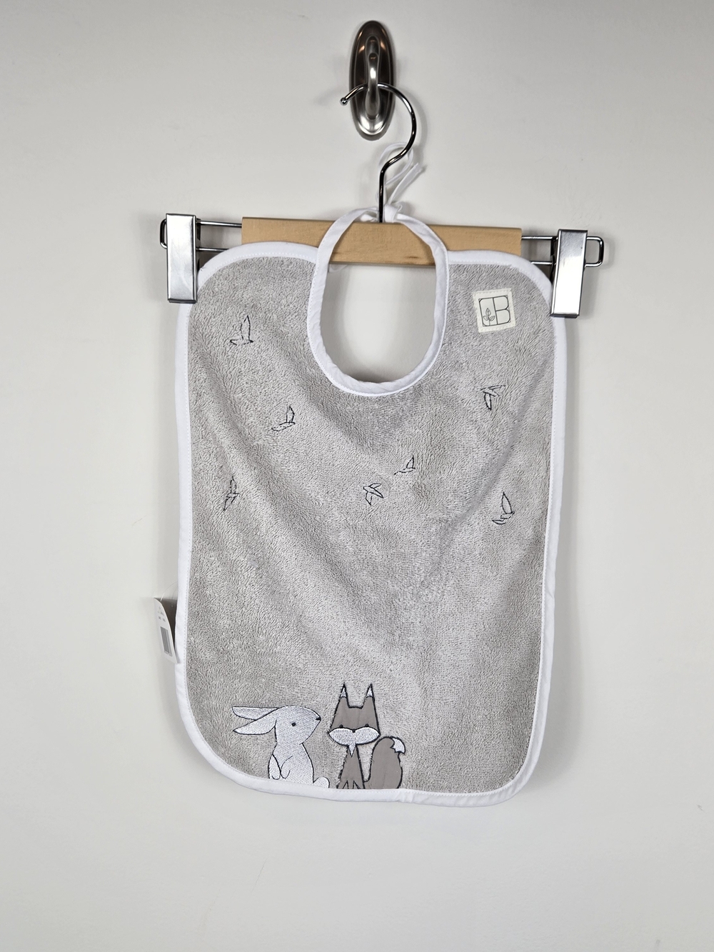 Carré Blanc Paris Baby Bib Gray Fox Rabbit Birds Organic Cotton NWT 11x16